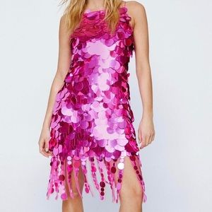 Nasty Gal Large Disc Sequin Fringe Detail Shift Dress Size 6